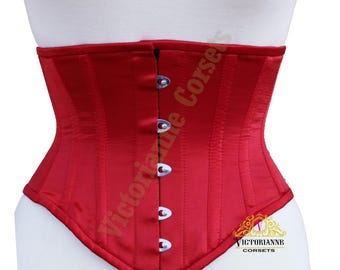 Victorian Red Underbust Corset - Heavy Duty Steel Boned Waist Trainer Hourglass - Gothic Lace-Up Corset - Steampunk Burlesque Corset