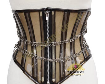 Glanzend bruin transparant korset - PVC-onderborstcorset voor dames met stalen kettingen - Doorzichtige clubkleding - Vinyl wetlook glanzend PVC-corset