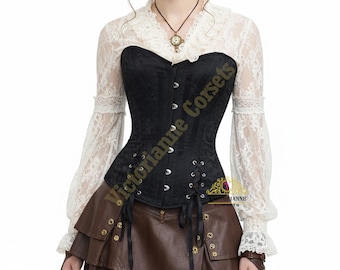 Damkorsett i svart brokad med överbyst | Steampunk viktoriansk bustier | Kraftig stålbensad korsetttopp med justerbar snörning