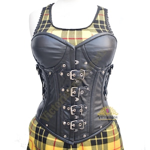 Women’s Leather Corset - Black Genuine Leather Overbust Gothic Corset - Steel Boned Waist Trainer - Party Wear with Buckle Straps