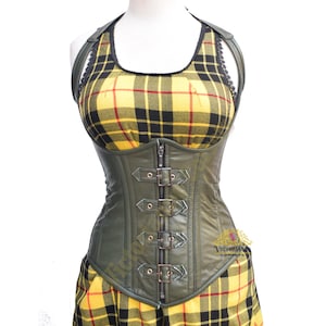 Olive Green Real Leather Corset - Women Underbust Gothic Corset - Steel Boned Buckle Straps - Victorian Style Steampunk Leather Corset