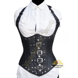 Women Real Black Leather Corset - Gothic Style Shoulder Straps Underbust Corset - Heavy Duty Steel Boned Corset - Bondage Style Club Wear