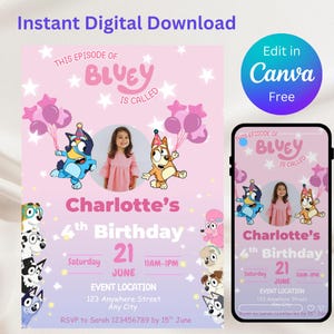 Modello di invito per festa di compleanno con foto Pink Bluey - Invito digitale modificabile - Invito per festa per bambini Canva Download immediato Ragazza personalizzata