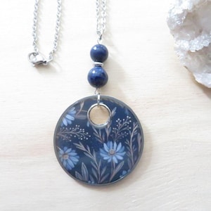 Lapis Lazuli necklace, midnight blue flower pendant necklace, long necklace in natural stones, silver and blue necklace, sautoir necklace, women&#39;s necklace