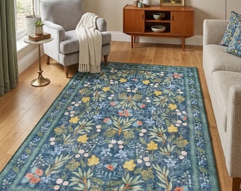Blue Wildflower Runner Rug, Cottagecore Floral Area Rug, Machine Washable Entryway Decor, Botanical Nursery Rug, Non-Slip Soft Rug for Home