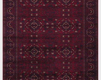 Afghan Area Rug – Red Tencel Yarn Luxury Handwoven Tapis, Traditional Motifs