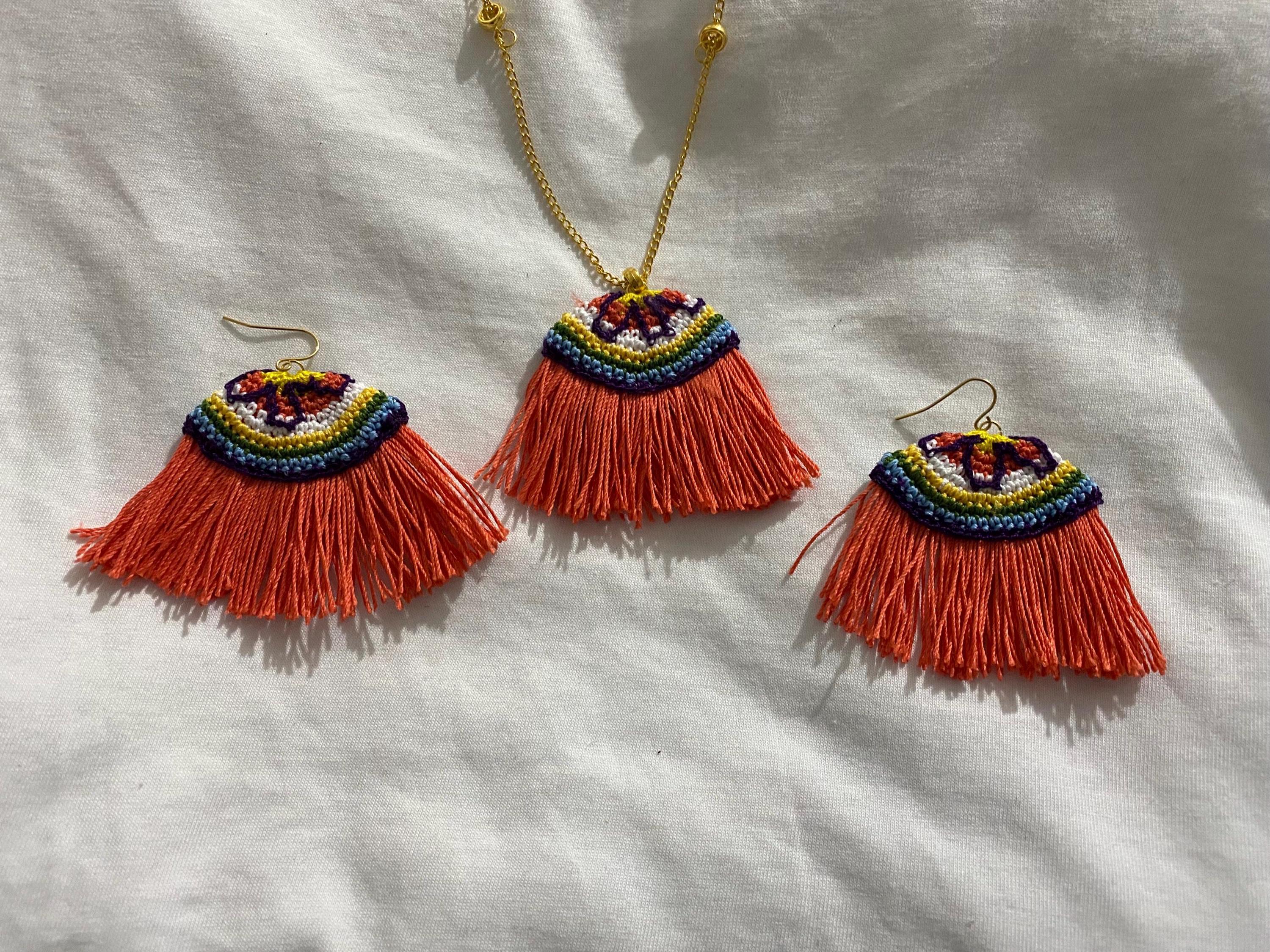 Tassel & Colorful Necklace and Earrings Set - Crochet Jewelry Set - Bohemian Necklace Set - Handmade Unique Boho Jewelry Set