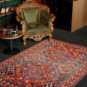 ottoman red vintage kilim - turkish motiff rugs - anatolian design carpet - easy clean rug - boho and rustic home decor