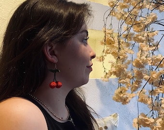 Crochet Cherry Earrings - Cool Dangle Cherry Fruit Earrings - Colorful&Lightweight Summer Jewelry - Boho Beach Accesoirs