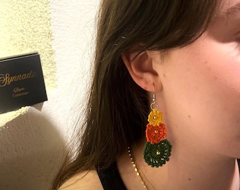 Rustic Floral Dangles earrings: Tarnish-Proof Boho Earrings Perfect for Festivals and Daily Wear boho flower dangling  tricolor crocheted