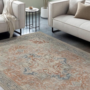 Rustic tile color Ottoman rug - vintage design Turkish rug - traditional motif rug - victorian rug washable rug - bohemian and unique rug