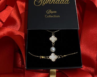 Clover Necklace and Pearl Bracelet and Necklace Set - Stainless Steel Pearl Jewelry Set - Clover Necklace Set - Steel Materials Jewelry
