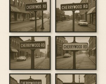 Vintage Cherrywood Rd Street Sign Prints – 5 czarno-białych cyfrowych pakietów do pobrania, rustykalny wystrój ścienny, zestaw fotografii retro