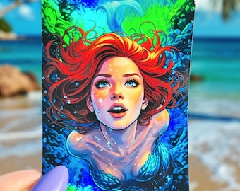 Pegatina holográfica de sirena, calcomanía de chica pelirroja del océano, pegatina de vinilo impermeable para portátil, arte estético fantástico, regalo para amantes de la playa