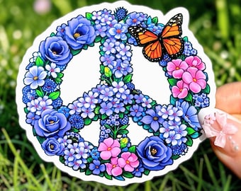 Pegatina con símbolo floral de la paz, resistente al agua y a los rayos UV, para botellas de agua, portátiles y vehículos.