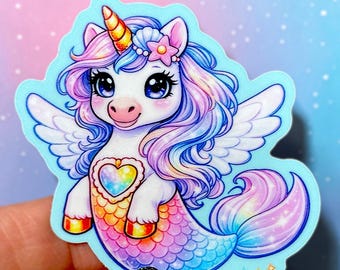 Pegatina de sirena, unicornio y arcoíris, linda calcomanía de vinilo de animales kawaii, pegatina impermeable para portátil o botella de agua, regalo con estética pastel.