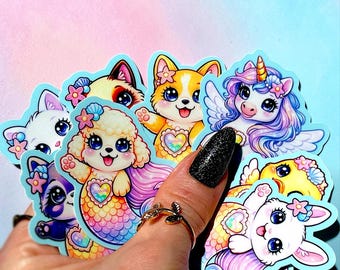 Paquete de pegatinas de sirenas y animales, pegatinas de vinilo, pegatinas para coche, pegatinas bonitas, arcoíris, calcomanía kawaii, pegatina impermeable para portátil o botella de agua.