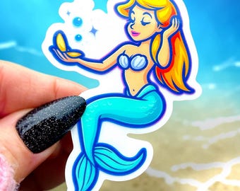 Pegatina de sirena retro / Calcomanía de sirena de cuento vintage / Pegatina de fantasía oceánica linda / Estética de sirena de playa / Pegatina para portátil con botella de agua