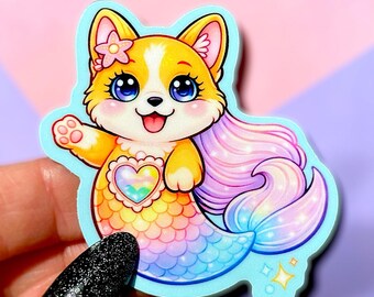 Pegatina de sirena Corgi Arcoíris, Calcomanía de vinilo de animales Kawaii, Pegatina impermeable de perro cachorro para laptop o botella de agua, Estética pastel para amantes de los perros