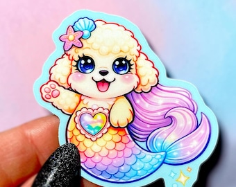 Pegatina de sirena y caniche arcoíris, calcomanía de vinilo de animales kawaii adorables, pegatina impermeable para portátil o botella de agua con diseño de perro cachorro, para amantes de los perros con estética pastel.