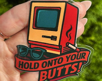 Pegatina de Jurassic Park, cita divertida de dinosaurios, agárrense bien, meme retro de computadora, calcomanía de humor nerd, vinilo impermeable para laptop, auto y botella