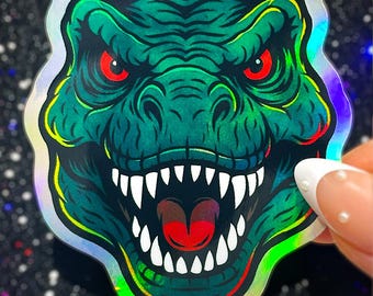 Calcomanía holográfica retro de la película T-Rex: pegatina de dinosaurio impermeable para portátil, coche, teléfono, botella, nostalgia jurásica.