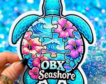 Sticker OBX, Sticker Outer Banks, Sticker tortue de mer, Sticker plage voiture, Vinyle esthétique côtier, Sticker vague océan Hibiscus, vibrations estivales