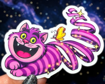 Pegatina transparente e impermeable del Gato de Cheshire - Calcomanía mágica para portátil, botella de agua, coche, teléfono, resistente a la intemperie y a los rayos UV. Alicia en el País de las Maravillas.