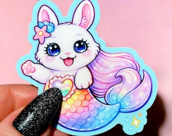 Pegatina de sirena, conejo y arcoíris, linda calcomanía de vinilo de animales kawaii, pegatina impermeable para portátil o botella de agua, regalo con estética pastel.