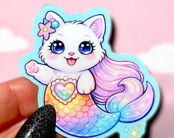 Pegatina de sirena, gato arcoíris, calcomanía de vinilo de animales lindos y kawaii de Mercat, pegatina impermeable de gatito para portátil o botella de agua, amante de los gatitos pastel
