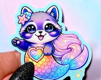 Pegatina de sirena, mapache y arcoíris, linda calcomanía de vinilo de animales kawaii, pegatina impermeable para portátil o botella de agua, regalo con estética pastel.