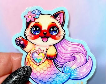 Pegatina de gato siamés Mercat Mermaid Rainbow, calcomanía de vinilo de animal kawaii lindo, pegatina impermeable de gatito para portátil o botella de agua, gatito pastel