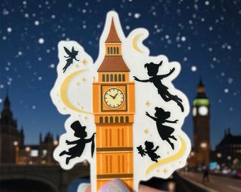 Pegatina transparente impermeable de Peter Pan, Big Ben, para portátil, botella de agua, coche, teléfono, resistente a la intemperie y a los rayos UV, Campanilla.