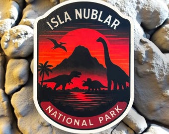 Pegatina transparente del Parque Nacional Isla Nublar: calcomanía nostálgica para portátil, botella de agua, coche, teléfono, resistente al agua, a la intemperie y a los rayos UV.