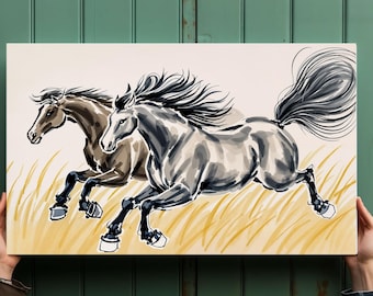 伝統的なアジアの水墨画の馬の絵 - 疾走する馬のアート、ミニマリスト