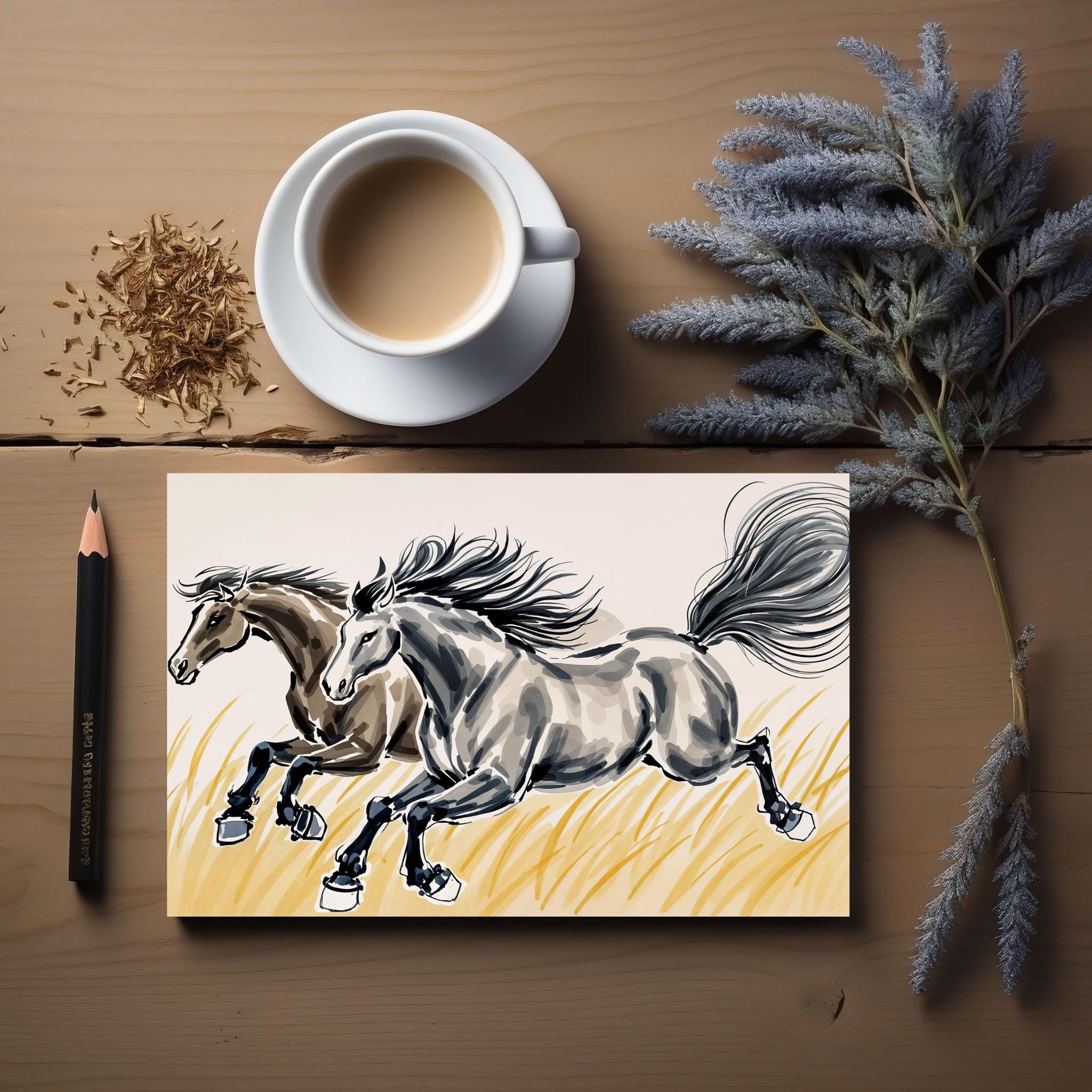 伝統的なアジアの水墨画の馬の絵 - 疾走する馬のアート、ミニマリスト