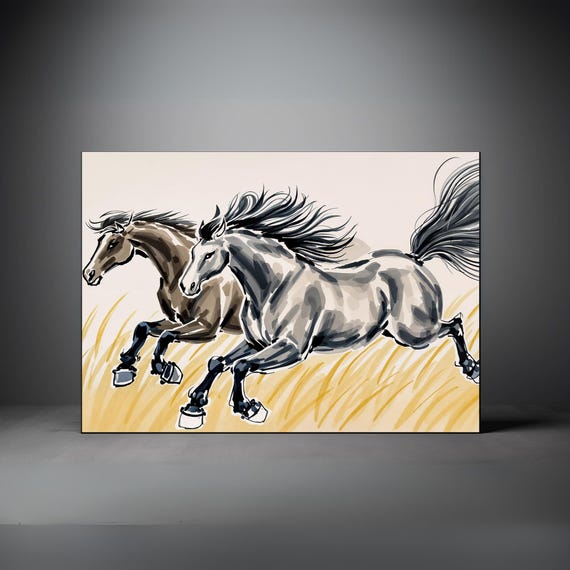 伝統的なアジアの水墨画の馬の絵 - 疾走する馬のアート、ミニマリスト