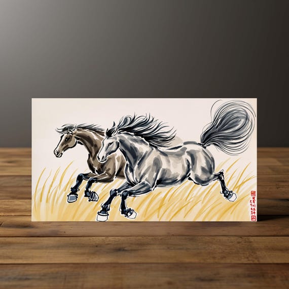 伝統的なアジアの水墨画の馬の絵 - 疾走する馬のアート、ミニマリスト