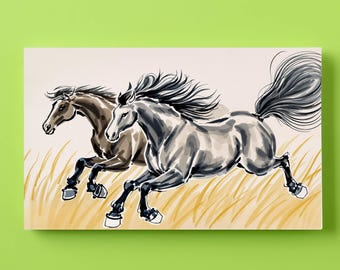 伝統的なアジアの水墨画の馬の絵 - 疾走する馬のアート、ミニマリスト