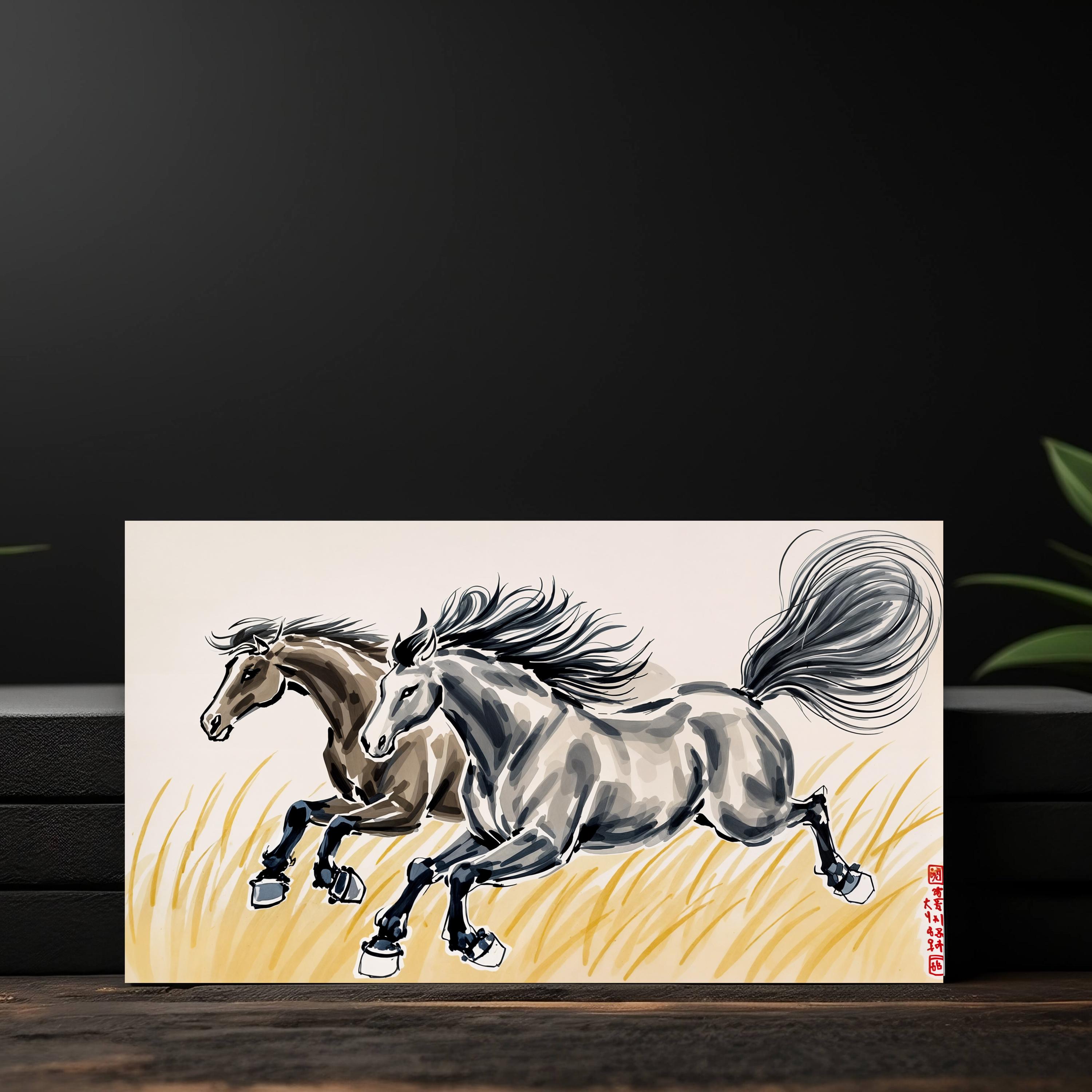 伝統的なアジアの水墨画の馬の絵 - 疾走する馬のアート、ミニマリスト