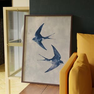 Könnte beinhalten: Ein gerahmter Kunstdruck mit zwei blauen Schwalben im Flug vor einem neutralen Hintergrund. Die Vögel haben detaillierte Flügel und Schwanzfedern. Das Kunstwerk wird in einem dunkelbraunen Holzrahmen präsentiert.