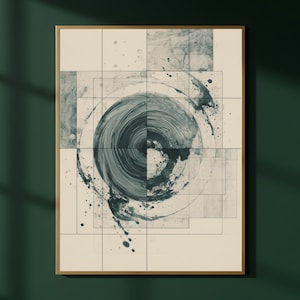 Abstract Circular Wall Art | Sage Green Geometric Grid Poster | Natural Tones | Ink Splatter Texture | Modern Contemporary Art Print