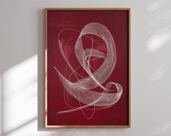 Op de afbeelding: Een ingelijst kunstwerk aan de muur met een diepe bordeauxrode achtergrond en een reeks overlappende, dunne witte lijnen die een wervelend, abstract bewegingseffect creëren. Het kunstwerk zit in een eenvoudige, lichtgekleurde houten lijst.