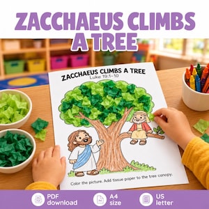Puede incluir: Una hoja de actividades titulada Zacchaeus Climbs a Tree Luke 19:1-10 con una ilustración de un árbol con cuadrados de papel de seda verde en la copa, una figura coloreada de Zaqueo en el árbol y una figura de Jesús debajo.