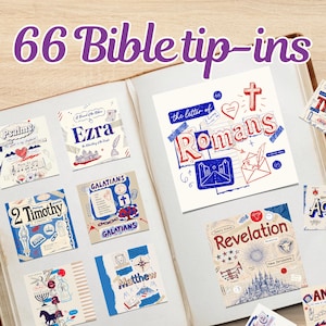 Bible Tip-ins Printable | 66 Books of the Bible Journaling Cards | Bible Verse Insert Stickers for Faith Journal