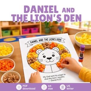 May include: A craft activity sheet titled DANIEL AND THE LION'S DEN featuring a lion face outline surrounded by sections to be filled with crumpled yellow, orange, and brown paper. Includes the text My God sent his angel to shut the lions' mouths.