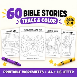 Puede incluir: Un conjunto de 60 hojas de trabajo de historias bíblicas para trazar y colorear para niños de 2 a 4 años. Las páginas presentan ilustraciones de líneas punteadas del Arca de Noé, Daniel en el foso de los leones, el nacimiento de Jesús y la oveja perdida.