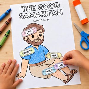 May include: A printable activity sheet titled The Good Samaritan Luke 10:33-34 featuring a colored illustration of a man with a beard wearing a blue shirt and tan pants. Several paper bandages labeled Love, Kindness, Help, Care, and Mercy are placed on the figure.