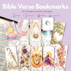 Pode incluir: Uma coleção de dez marcadores de página bíblicos imprimíveis com ilustrações em aquarela de uma pomba, asas de anjo, um leão, montanhas e motivos florais. O texto inclui frases como The Lord Is My Shepherd, Fear Not e Be Still and Know.