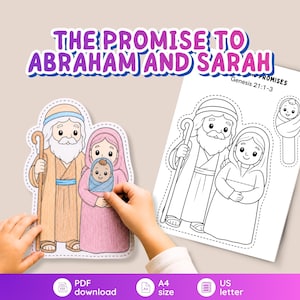 May include: A printable activity sheet titled THE PROMISE TO ABRAHAM AND SARAH, featuring a colored cutout of Abraham, Sarah, and a baby, alongside a black and white outline version of the same characters for coloring, including a separate baby cutout.